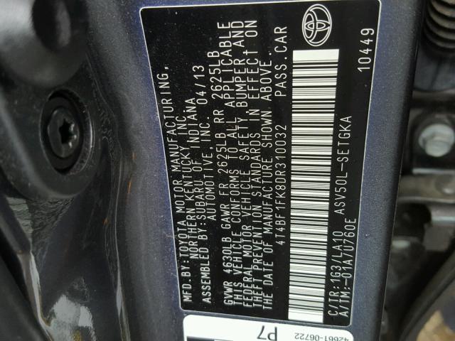 4T4BF1FK8DR310032 - 2013 TOYOTA CAMRY L CHARCOAL photo 10