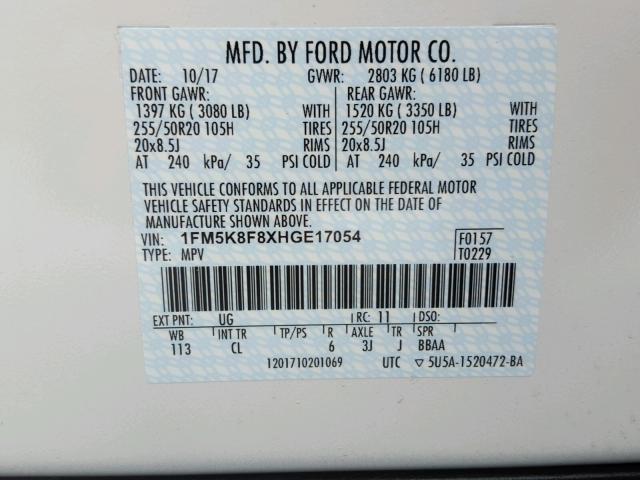 1FM5K8F8XHGE17054 - 2017 FORD EXPLORER L WHITE photo 10