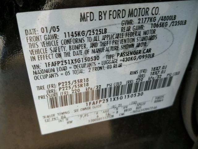 1FAFP251X5G150530 - 2005 FORD FIVE HUNDR BLACK photo 10