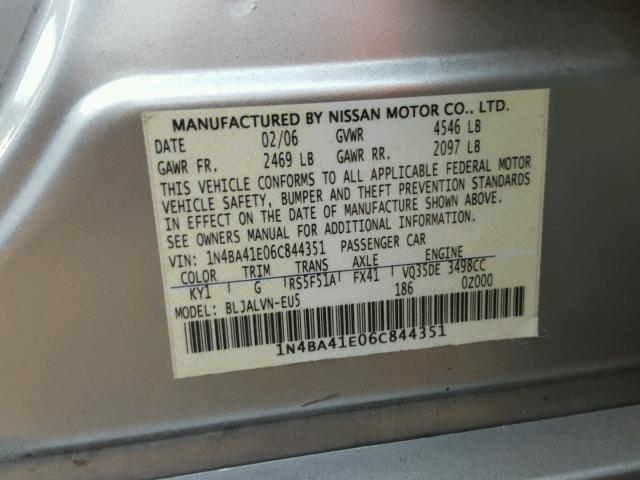 1N4BA41E06C844351 - 2006 NISSAN MAXIMA SE SILVER photo 10