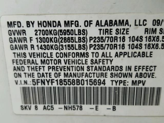 5FNYF18558B015694 - 2008 HONDA PILOT EXL WHITE photo 10