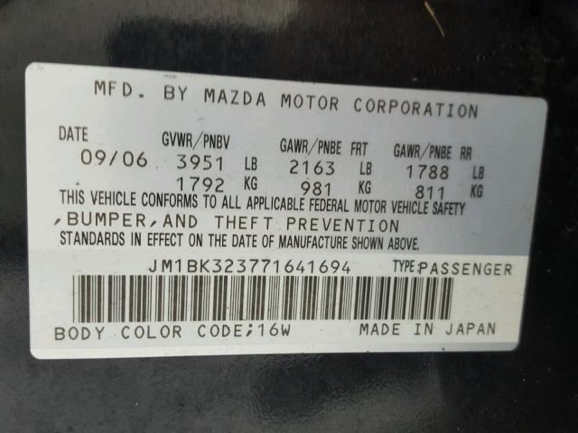 JM1BK323771641694 - 2007 MAZDA 3 S BLACK photo 10