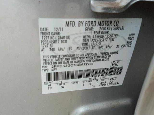 2FMDK3GC7CBA72731 - 2012 FORD EDGE SE SILVER photo 10