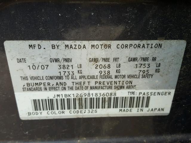 JM1BK12G981836088 - 2008 MAZDA 3 I GRAY photo 10