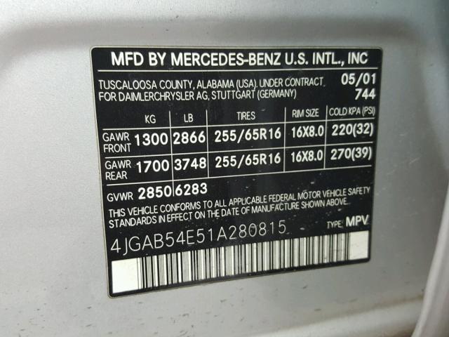 4JGAB54E51A280815 - 2001 MERCEDES-BENZ ML 320 SILVER photo 10