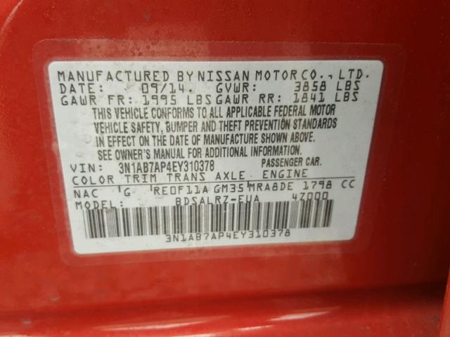 3N1AB7AP4EY310378 - 2014 NISSAN SENTRA S RED photo 10