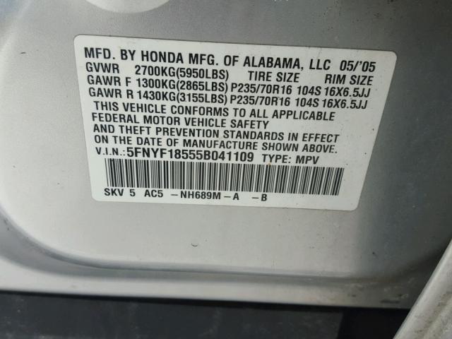 5FNYF18555B041109 - 2005 HONDA PILOT EXL SILVER photo 10