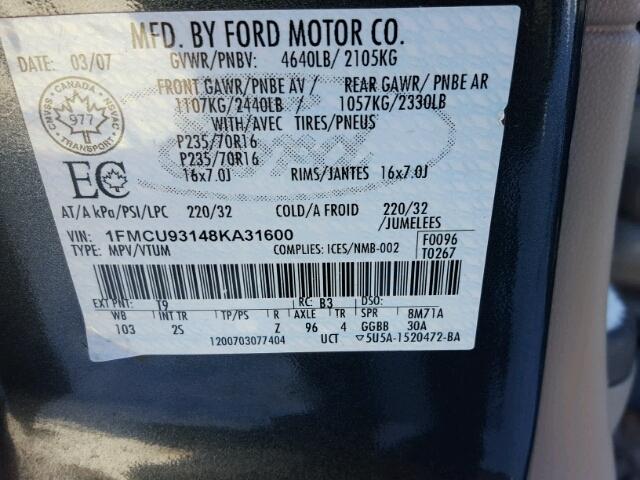 1FMCU93148KA31600 - 2008 FORD ESCAPE XLT BLACK photo 10