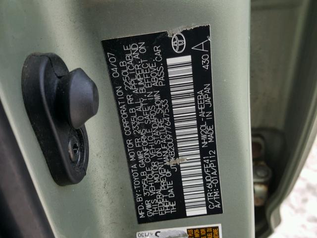 JTDKB20U977647533 - 2007 TOYOTA PRIUS GREEN photo 10