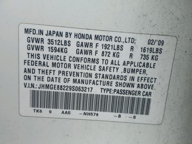 JHMGE88229S063217 - 2009 HONDA FIT WHITE photo 10