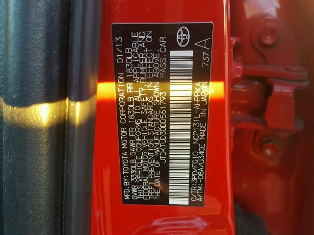 JTDKTUD30DD561793 - 2013 TOYOTA YARIS RED photo 10