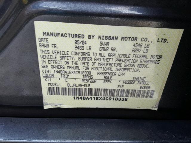 1N4BA41EX4C918338 - 2004 NISSAN MAXIMA SE GRAY photo 10