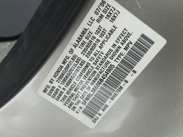 5FNRL38686B454905 - 2006 HONDA ODYSSEY EX SILVER photo 10