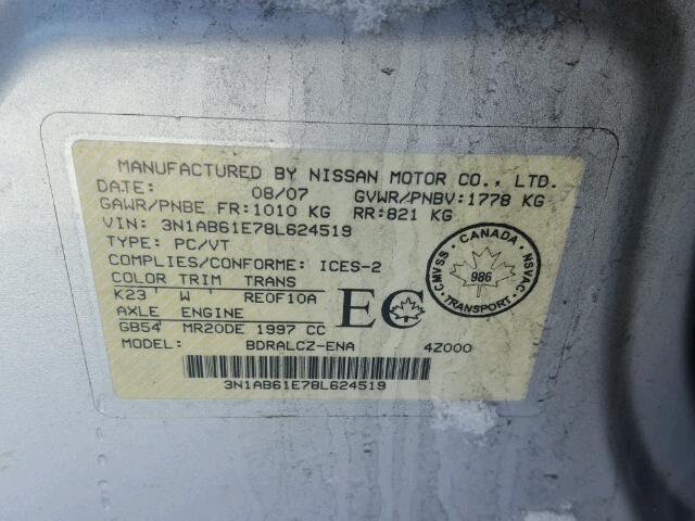 3N1AB61E78L624519 - 2008 NISSAN SENTRA 2.0 SILVER photo 10