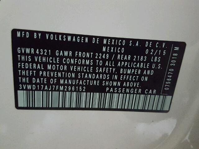 3VWD17AJ7FM296152 - 2015 VOLKSWAGEN JETTA SE 白色 照片 10