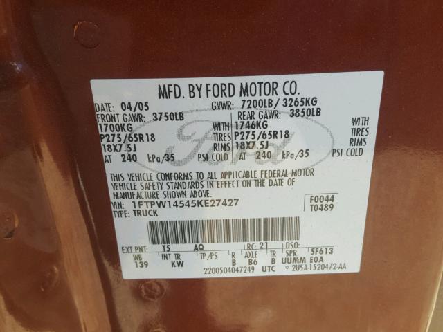 1FTPW14545KE27427 - 2005 FORD F150 SUPER BROWN photo 10