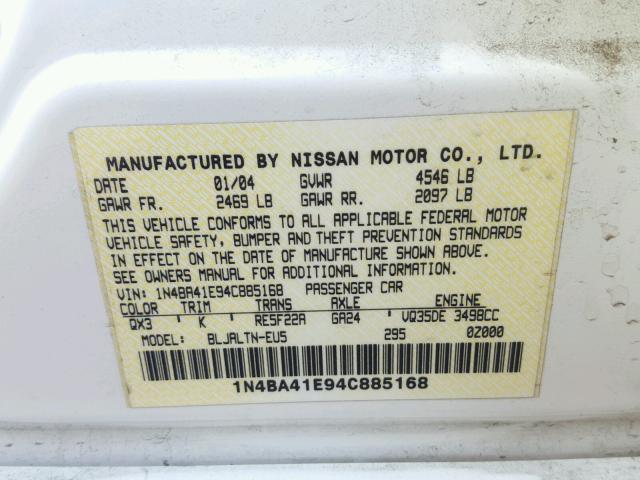 1N4BA41E94C885168 - 2004 NISSAN MAXIMA SE WHITE photo 10