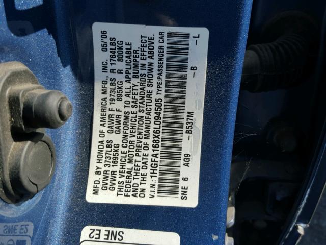 1HGFA168X6L094505 - 2006 HONDA CIVIC EX 蓝色 照片 10