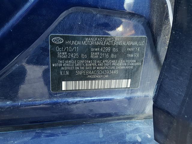 5NPEB4AC3CH393449 - 2012 HYUNDAI SONATA GLS BLUE photo 10