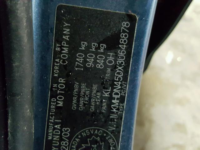 KMHDN45DX3U648878 - 2003 HYUNDAI ELANTRA GL BLUE photo 10