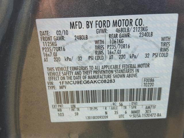 1FMCU9EG6AKC08283 - 2010 FORD ESCAPE LIM BLUE photo 10