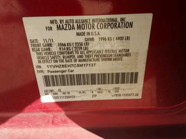 1YVHZ8EH7C5M17137 - 2012 MAZDA 6 I RED photo 10