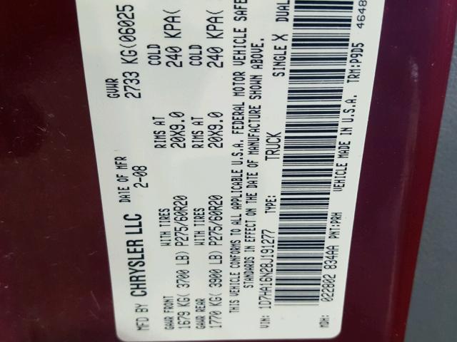 1D7HA16N28J191277 - 2008 DODGE RAM 1500 S RED photo 10