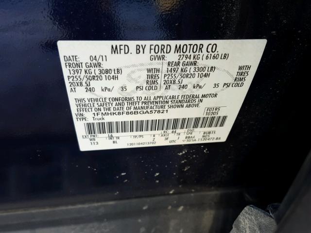 1FMHK8F86BGA57821 - 2011 FORD EXPLORER L BLUE photo 10