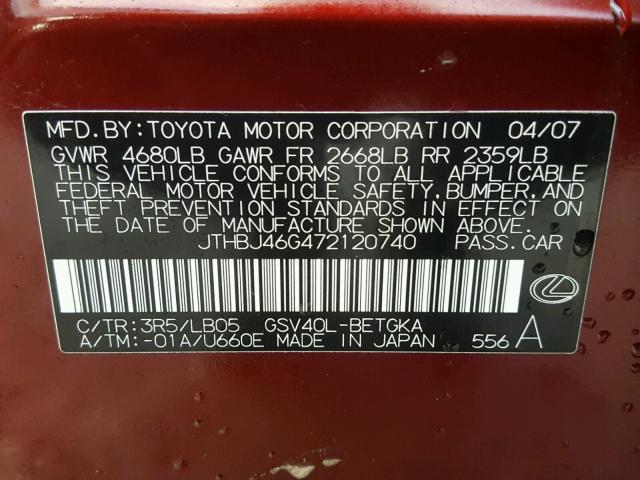 JTHBJ46G472120740 - 2007 LEXUS ES 350 MAROON photo 10