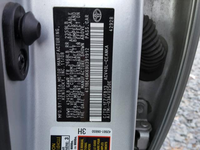 4T1BE46K69U391912 - 2009 TOYOTA CAMRY BASE SILVER photo 10