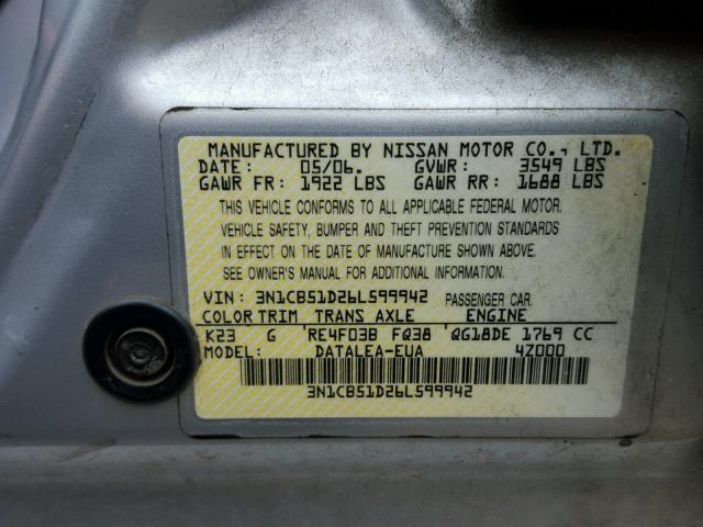 3N1CB51D26L599942 - 2006 NISSAN SENTRA 1.8 SILVER photo 10