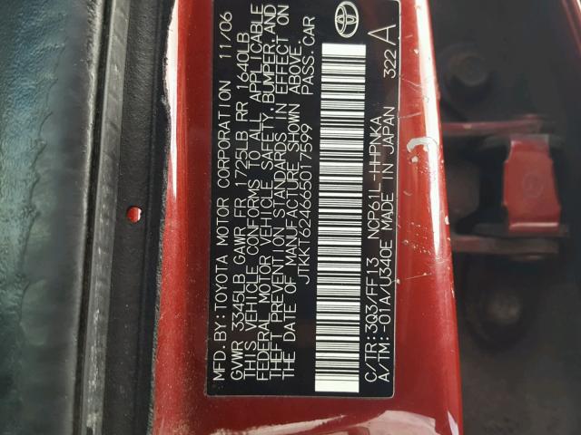 JTKKT624665017599 - 2006 TOYOTA SCION XA RED photo 10