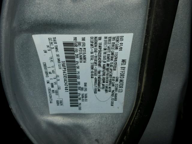 1FAFP562X5A247481 - 2005 FORD TAURUS SEL SILVER photo 10