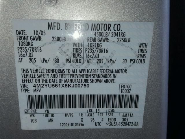 4M2YU561X6KJ00750 - 2006 MERCURY MARINER SILVER photo 10