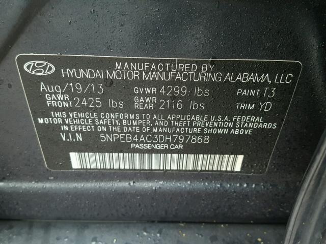 5NPEB4AC3DH797868 - 2013 HYUNDAI SONATA GLS GRAY photo 10