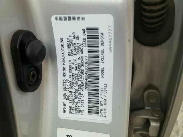 1NXBU40E49Z001279 - 2009 TOYOTA COROLLA BA SILVER photo 10