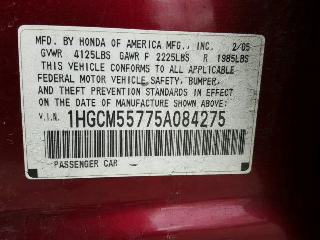 1HGCM55775A084275 - 2005 HONDA ACCORD EX RED photo 10