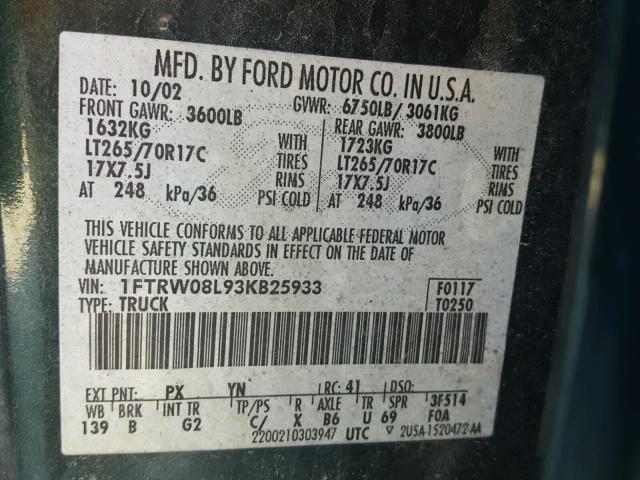 1FTRW08L93KB25933 - 2003 FORD F150 SUPER GREEN photo 10