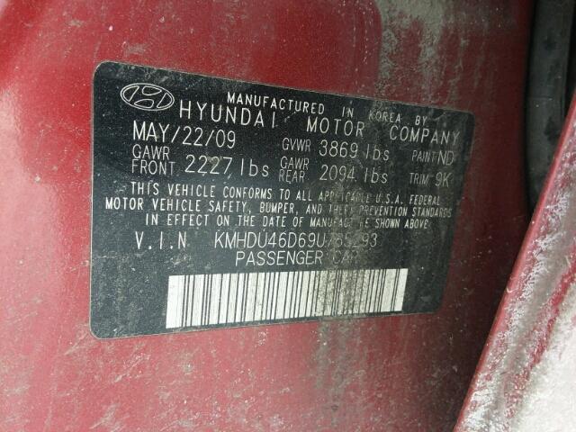 KMHDU46D69U785293 - 2009 HYUNDAI ELANTRA GL RED photo 10