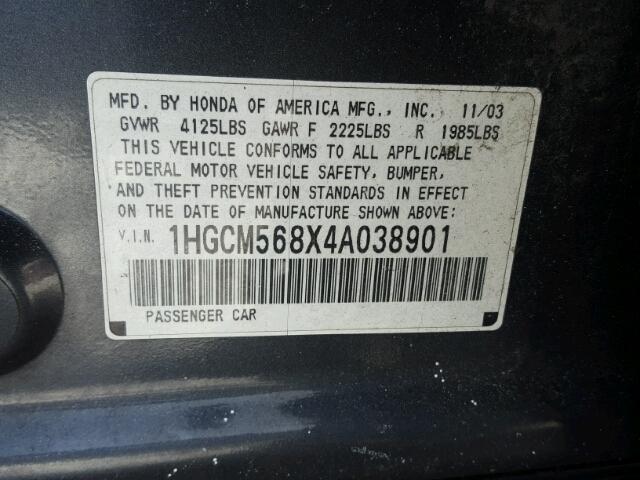 1HGCM568X4A038901 - 2004 HONDA ACCORD EX GRAY photo 10