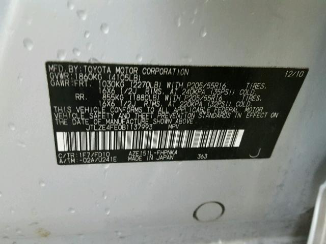 JTLZE4FE0B1137993 - 2011 TOYOTA SCION XB SILVER photo 10