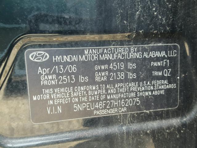 5NPEU46F27H162075 - 2007 HYUNDAI SONATA SE BLACK photo 10