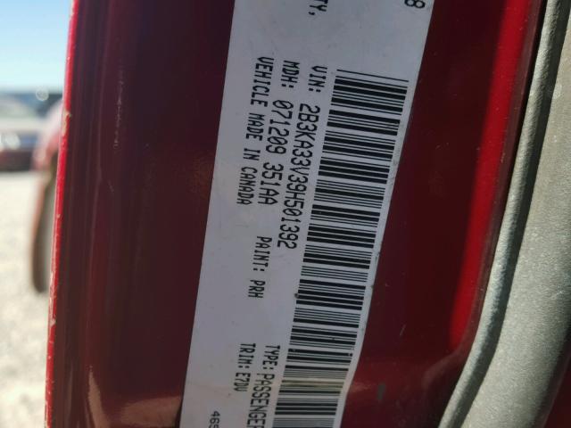 2B3KA33V39H501392 - 2009 DODGE CHARGER SX RED photo 10