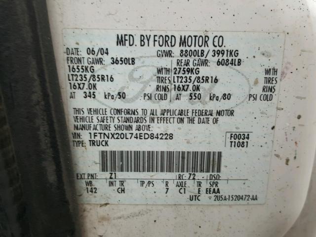 1FTNX20L74ED84228 - 2004 FORD F250 SUPER WHITE photo 10