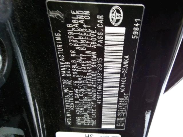 4T1BE46K19U818915 - 2009 TOYOTA CAMRY BASE BLACK photo 10