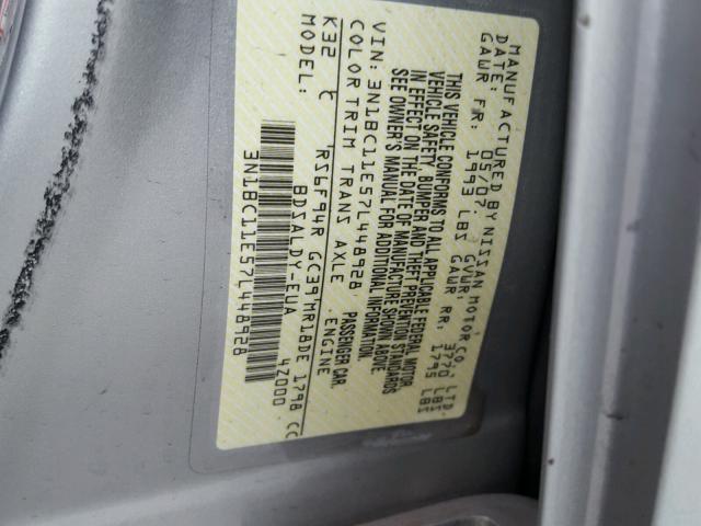 3N1BC11E57L448928 - 2007 NISSAN VERSA S GRAY photo 10