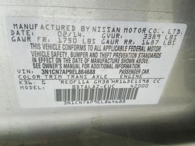 3N1CN7AP9EL864688 - 2014 NISSAN VERSA S SILVER photo 10