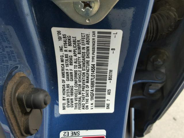 1HGFA16897L014564 - 2007 HONDA CIVIC EX BLUE photo 10