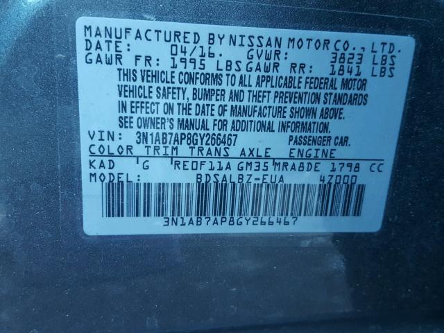 3N1AB7AP8GY266467 - 2016 NISSAN SENTRA S GRAY photo 10