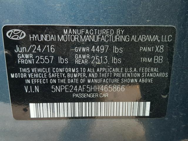 5NPE24AF5HH465866 - 2017 HYUNDAI SONATA SE BLUE photo 10